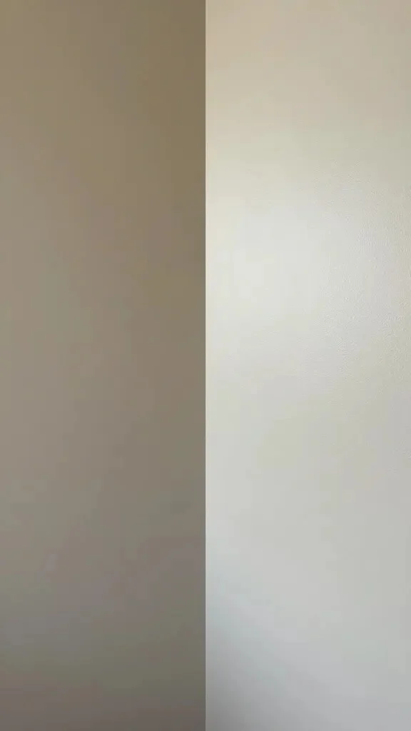 Side-by-side comparison image: one wall in matte finish and one wall in satin finish in a cozy room, showing the subtle differences in sheen under soft lighting.