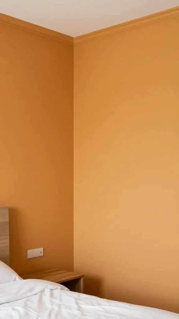 A modern bedroom corner featuring an accent wall: bold color chosen from a warm family, with trim painted in a complementary shade, and a masked edge where wall meets ceiling.
