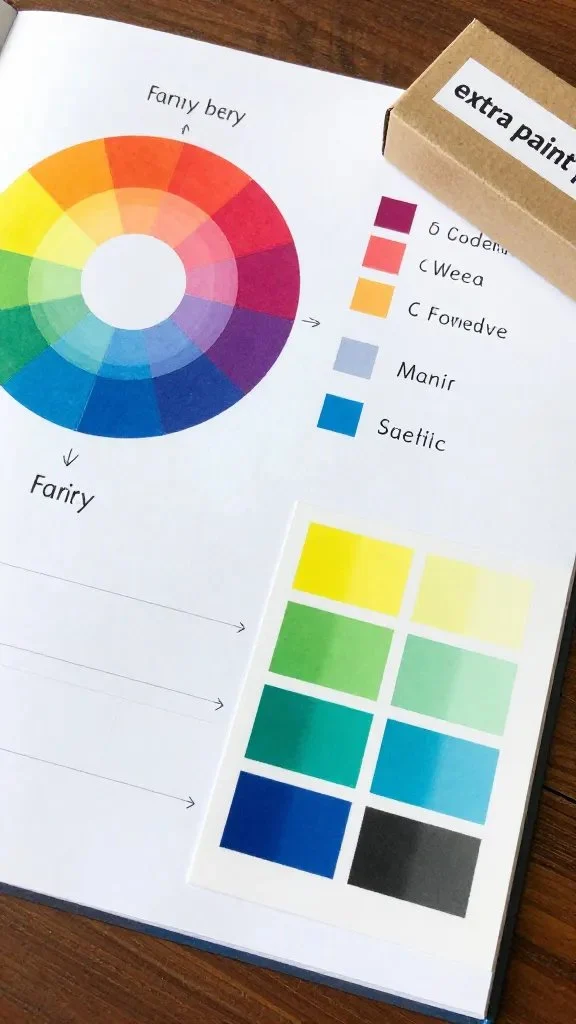 A step-by-step planning desk: color wheel, color family notes, and a small cardboard box labeled “extra paint,” with a color-matched sample card placed prominently.