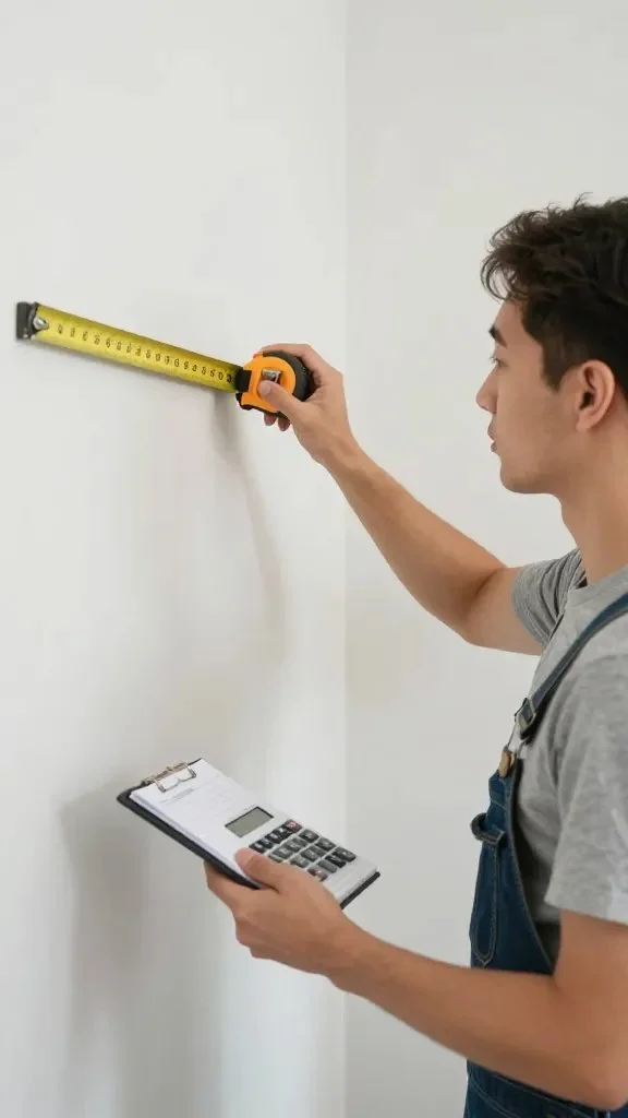 A homeowner measuring walls and calculating surface area with a tape measure, notepad, and calculator, showing careful planning before buying paint.