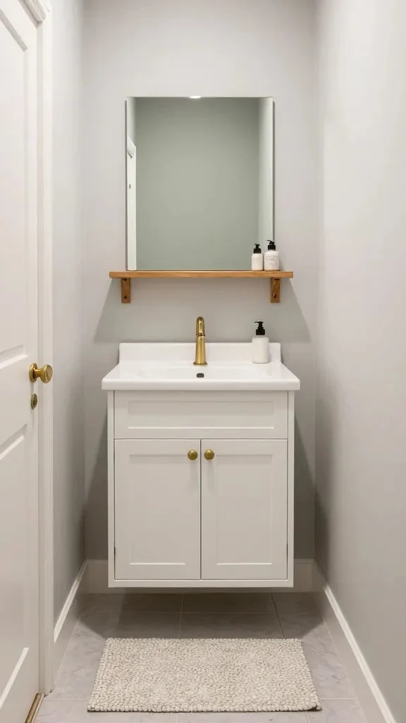 A small bathroom with a cohesive color palette of warm whites, soft gray walls, and sage accents; a muted accent wall, white fixtures, warm wood shelving, and pebble-textured bath mat, with brass fixtures and no clutter.