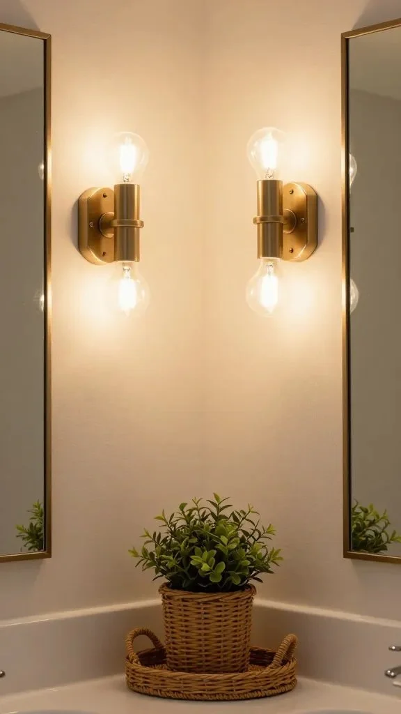 Close-up of a bathroom vanity vignette showing layered lighting: wall-mounted sconces on either side of a framed mirror, warm 2700K bulbs, and a small tray with natural elements like wicker basket and green plant.