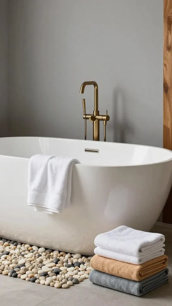 A spa-inspired bathroom scene featuring a freestanding tub, soft gray walls, warm wood accents, and brushed nickel hardware; natural pebble mat and neatly folded towels in coordinating colors.