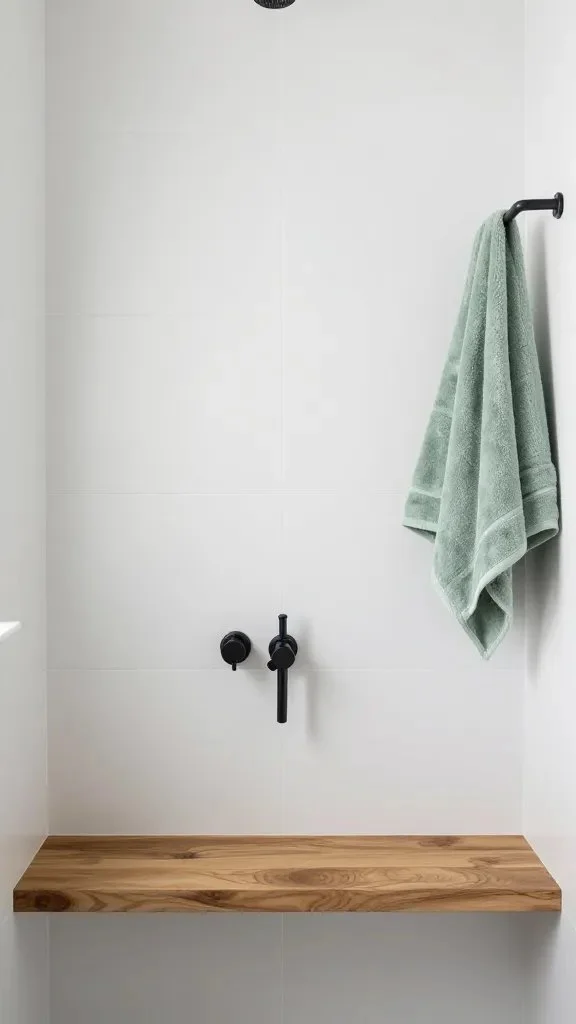 A shower area with a calm color story: white tiles paired with a warm wood-tone shower bench, matte black fixtures, and a subtle accent of sage towels hung on a bar.