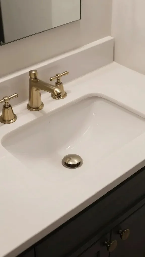 An overhead-wide shot of a bathroom with cohesive metal finishes: brushed nickel fixtures, a brass faucet, and matte black cabinet hardware, plus a simple, uncluttered countertop.