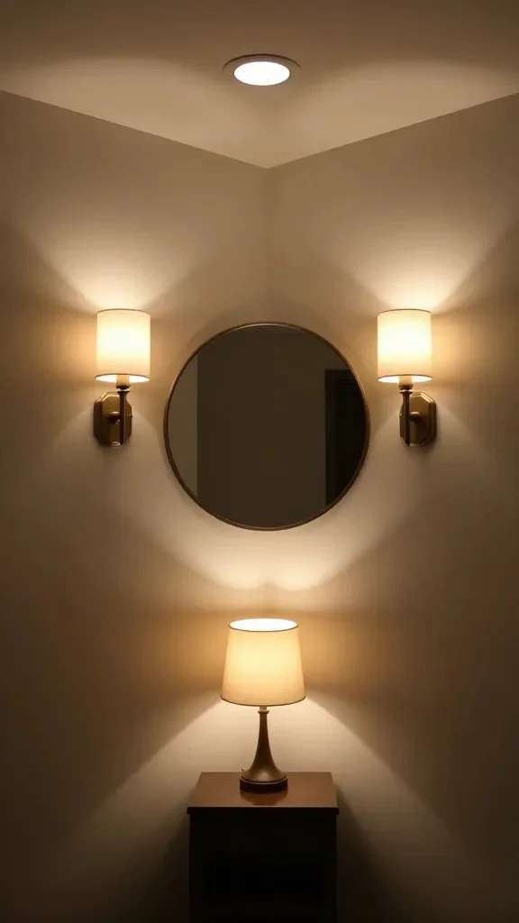 A bathroom corner with layered lighting plan: recessed ceiling light, a pair of wall sconces flanking a round mirror, and a small table lamp to add warmth in a dim setting.