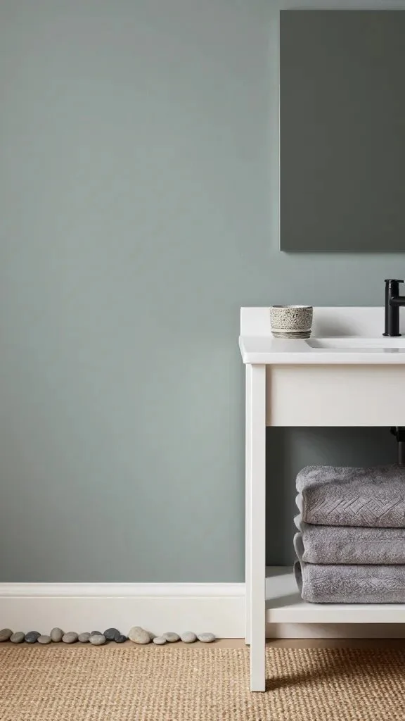 A wall featuring an accent color: muted green-gray wall with white vanity, soft gray towels, and natural textures like a jute rug and pebble diffuser stones, under warm lighting.