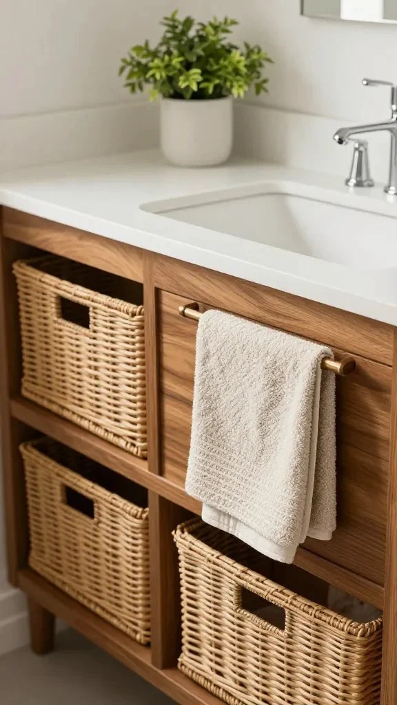 A vanity area showing a cohesive texture mix: white countertop and sink, warm wood vanity, wicker storage baskets, and green plants, with coordinated towel colors.