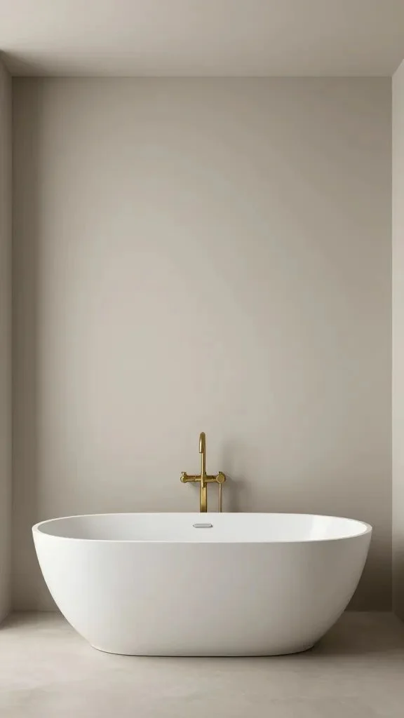 A minimalist spa-inspired bathroom with a single focal point: an accent wall in a muted tone, a simple freestanding tub, and clean lines from fixtures in brass and brushed nickel.
