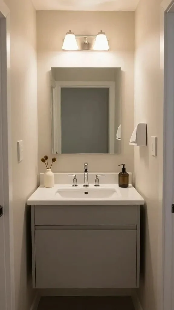 A compact bathroom makeover: before-and-after style in a single frame, highlighting a 2-3 color palette update, upgraded lighting with sconces, and streamlined accessories to reduce clutter.