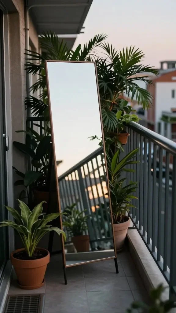 A narrow urban balcony with a tall floor mirror leaning against the railing, lush potted plants flanking it, soft evening light, reflections creating a sense of extended space along the metal railing.