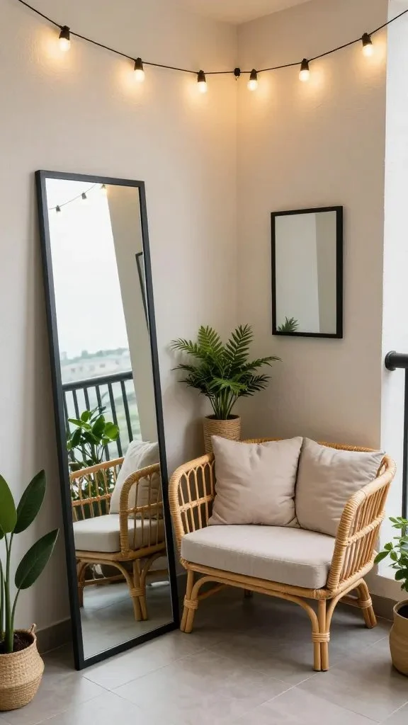 A corner balcony setup featuring two mirrors placed at right angles in the corner, one tall rectangular and one smaller, with a cozy seating arrangement of a compact rattan sofa and cushions, plants, and string lights overhead.
