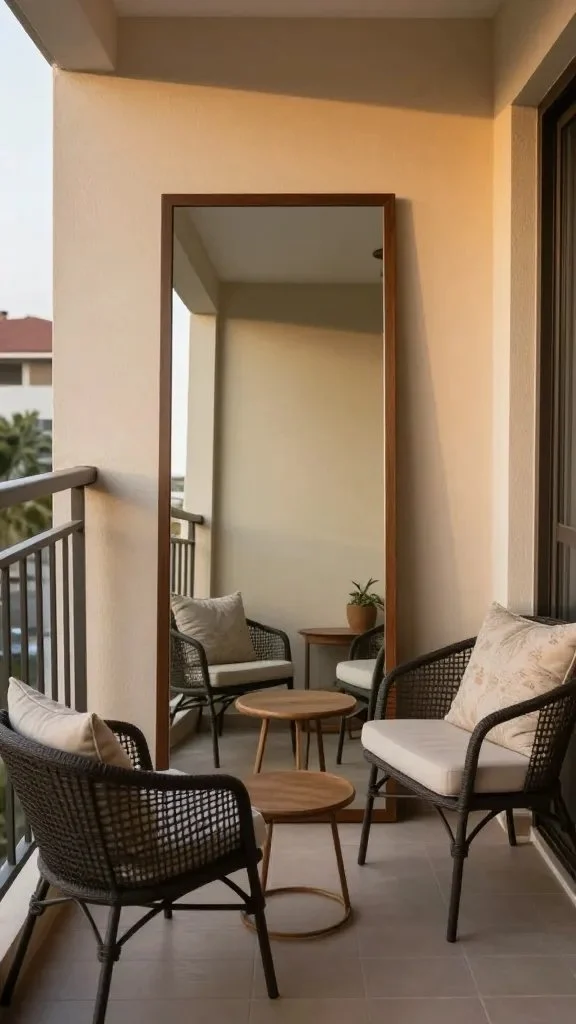 A balcony with a freestanding large rectangular mirror opposite a small seating area (two chairs and a coffee table), warm ambient lighting, and subtle decorative pillows, capturing an open, inviting atmosphere through reflections.