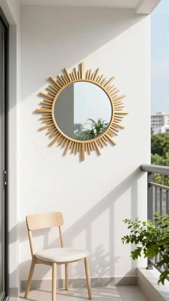 A minimalist balcony in bright daylight with a round mirror mounted on the wall and a sunburst mirror as an accent, surrounded by clean-lined furniture and greenery, reflections enhancing depth.