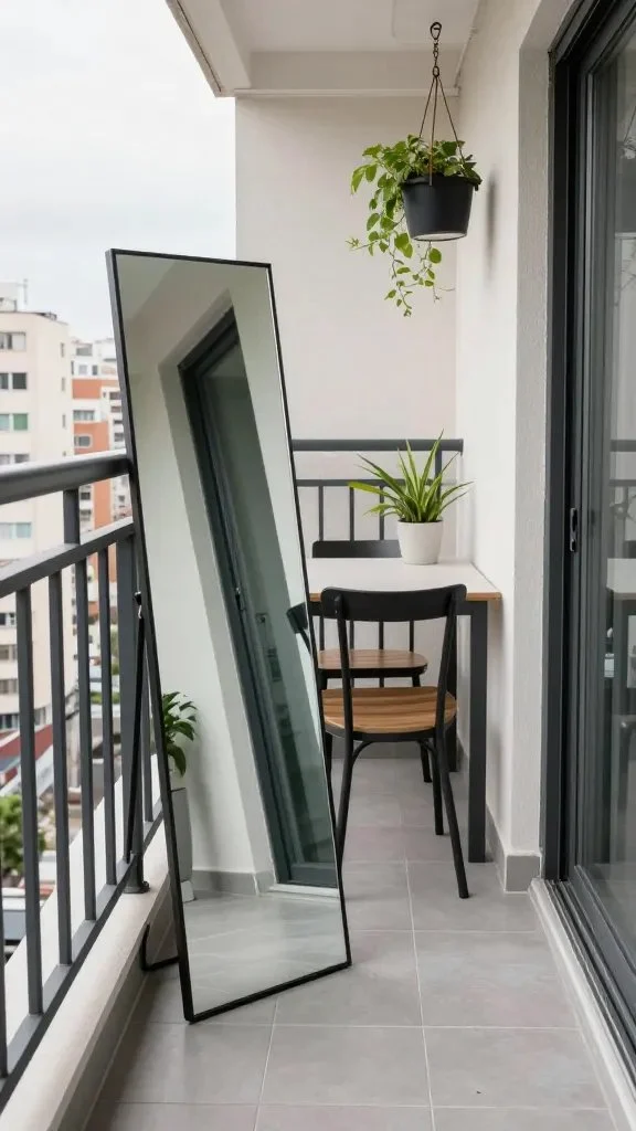 An urban balcony with a tall, slim floor mirror propped against the railing, a compact dining set, hanging planters, and a reflective surface that visually expands the narrow space.