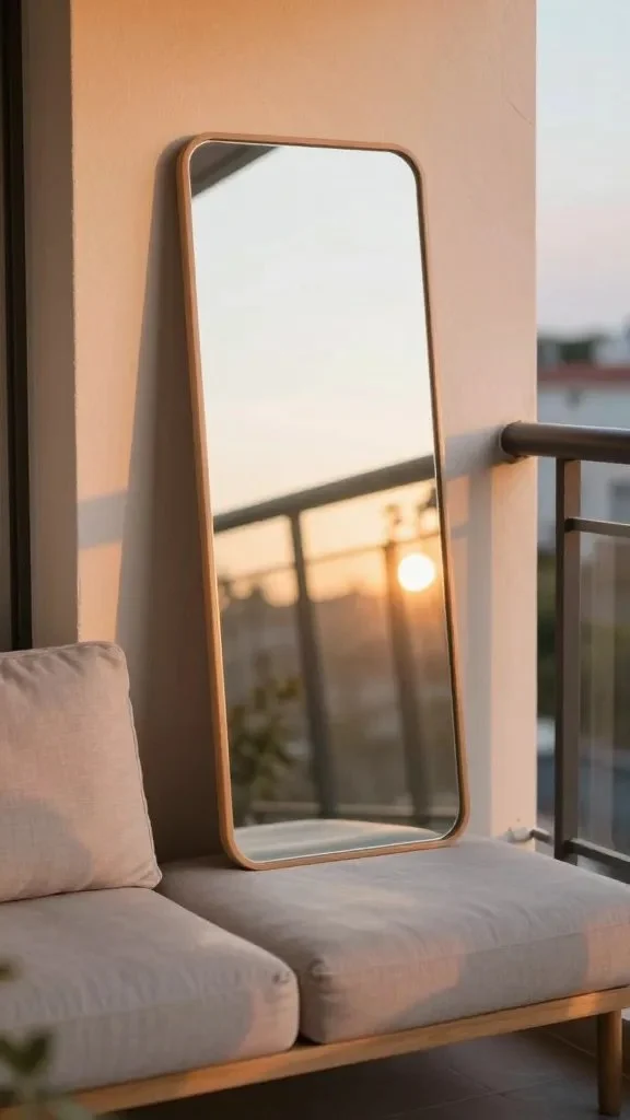 A cozy balcony nook featuring a freestanding mirror with a thin frame, a low-profile sofa or bench, soft textiles, and warm sunset light causing mirror reflections to blur edges for a dreamy effect.