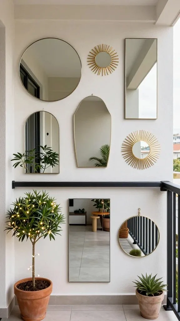A balcony decorated with multiple mirrors of varying shapes (round, rectangular, and a small sunburst) arranged to create asymmetrical reflections, potted trees, and fairy lights for a chic, enlarged feel.
