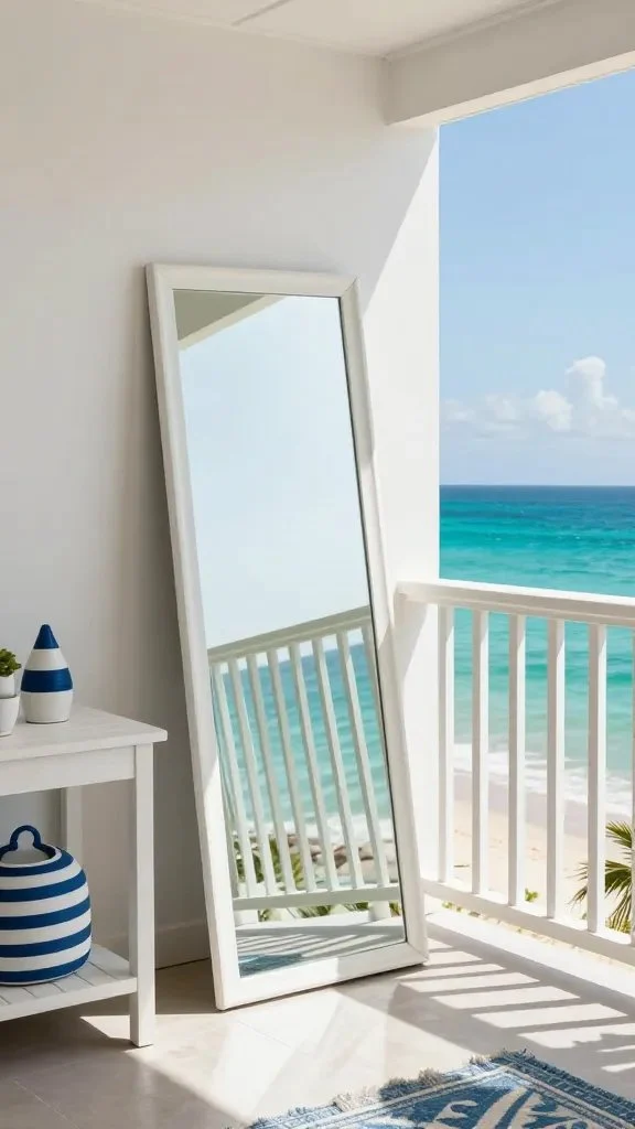 A coastal-style balcony with a tall lean mirror reflecting turquoise sea colors beyond the railing, a whitewashed furniture set, and nautical accents, giving the illusion of a larger open-air room.