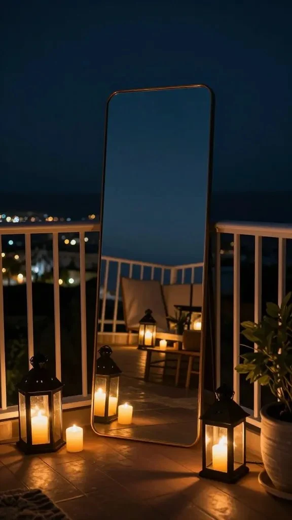 A nighttime balcony shot showing a large floor mirror opposite a seating area, lanterns and candles lit, reflections multiplying the glow and giving a sense of greater space.