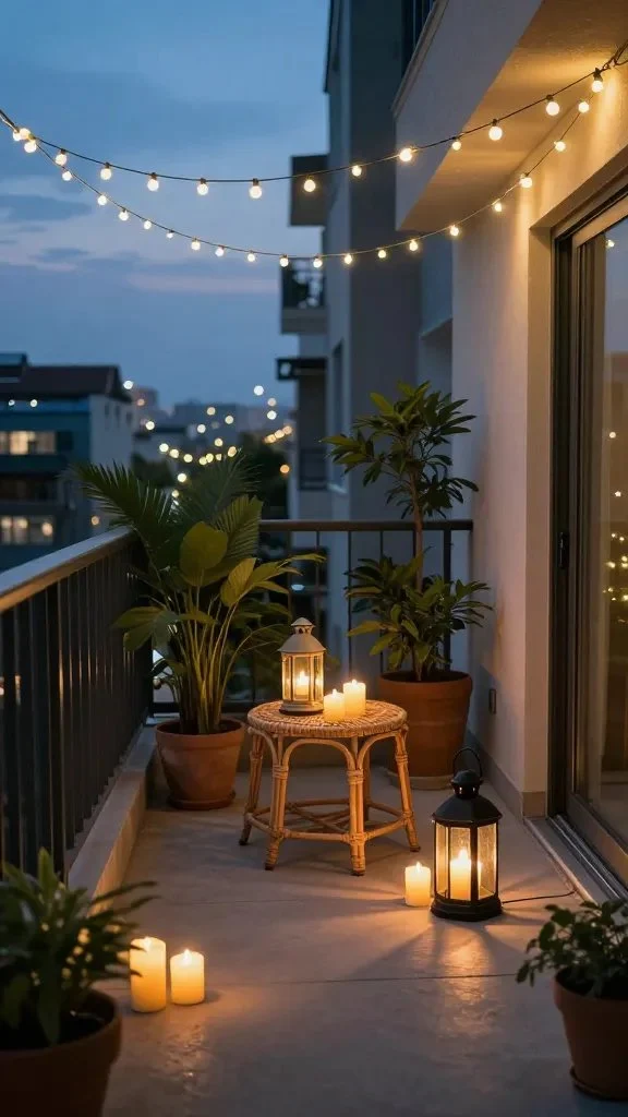 A cozy urban balcony at dusk with warm-white string lights draped overhead in a gentle canopy, lanterns on a small rattan table, and pillar candles casting soft pools of light on a concrete floor, lush potted plants in the corners, no text.