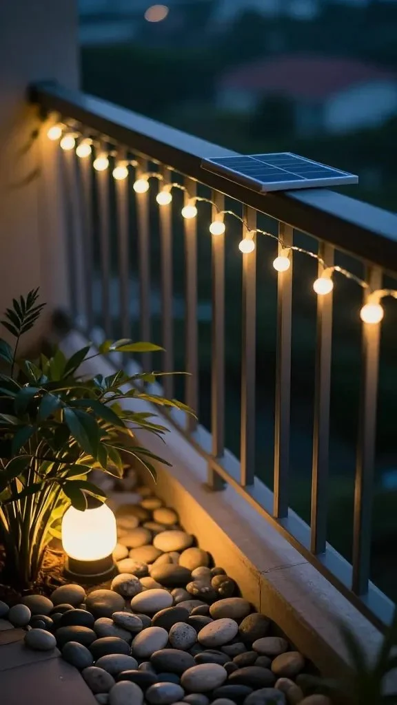 Close-up of a balcony railing lined with solar-powered fairy lights at twilight, a small zen garden in the foreground with smooth pebbles, a single warm bulb glowing softly behind a leafy plant, shallow depth of field.
