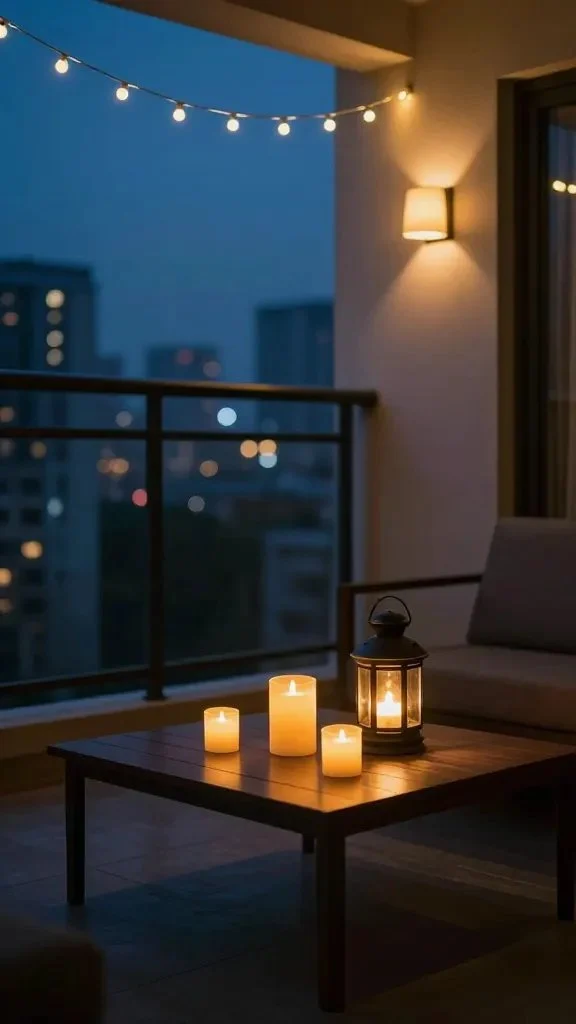 A moody balcony scene featuring a low coffee table, LED candles in frosted glass holders, and layered lighting: ambient string lights overhead, a brighter lantern on the table, and a dimmable wall sconce casting a warm halo, evening cityscape beyond.