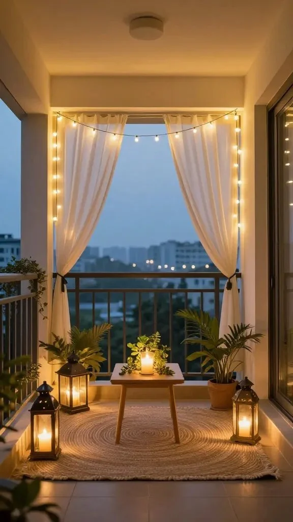 Wide shot of a balcony transformed into a magical nook: canopy of warm string lights, floor lanterns at varying heights, a single candlelit centerpiece on a small table, soft greenery and a woven rug, no people or text.