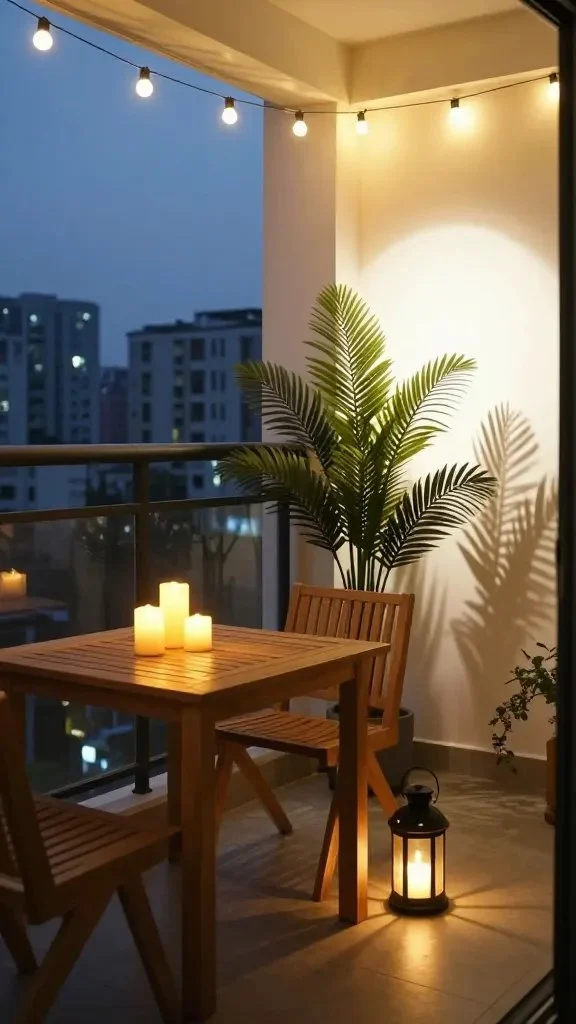 Evening balcony with a mix of lighting: overhead warm string lights, pillar candles on a teak table, a small lantern on the floor, and a bright backlight behind a tall plant to create depth, soft shadows, urban backdrop.