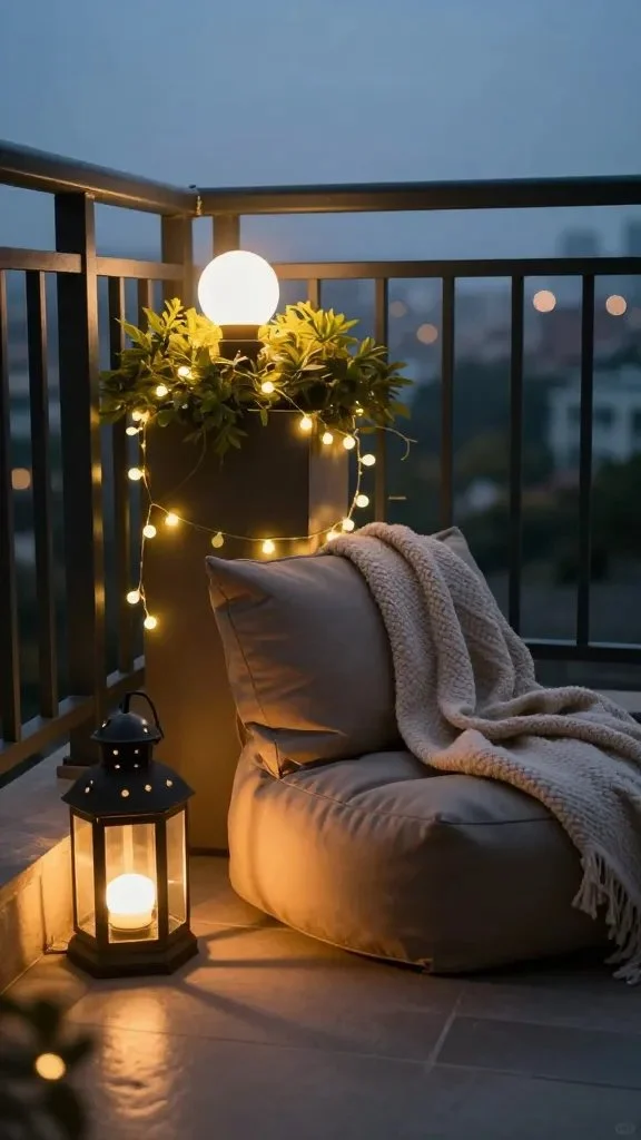 Intimate corner of a balcony: a single bright bulb behind a planter, layered with ambient string lights and lanterns on the floor, a cushioned seating pouf with a cozy throw, warm color palette, dusk glow.