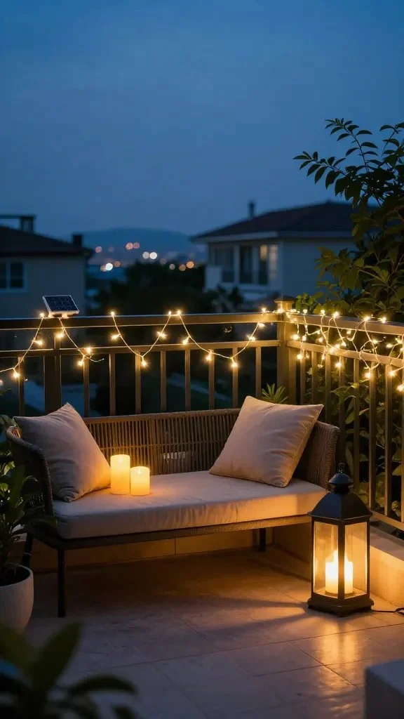 Balcony with twilight glow: solar fairy lights along the railing forming a twinkling frame, a low bench with cushions, LED candles on a side table, and a tall lantern casting a gentle flame-like glow, greenery framing the scene.