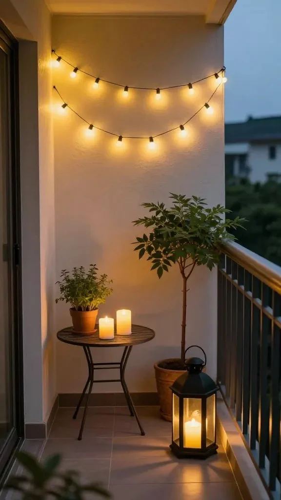 Narrow balcony with layered lighting: string lights hung in a crisscross pattern, a corner table with two LED candles, a bigger lantern on the ground, and potted herbs and a small tree, soft warm tones, no text.