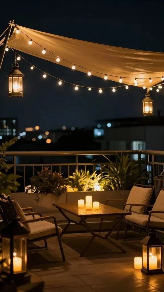 Nighttime balcony setup for small gatherings: canopy of warm string lights, multiple lanterns at different heights, a central table with LED candles, a faint backlight behind planters to create depth, cozy seating, muted city lights beyond.