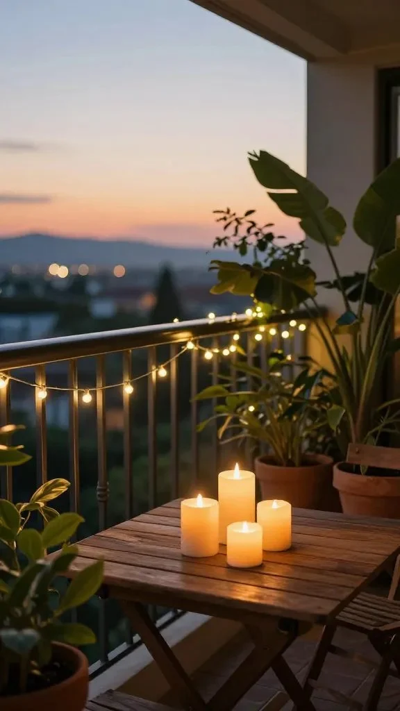 Serene balcony at golden-hour transition: warm-white string lights glowing, a cluster of pillar candles on a wood table, a solar fairy-light border along the railing, lush green plants in terracotta pots, soft shadows and tranquil mood, no text.