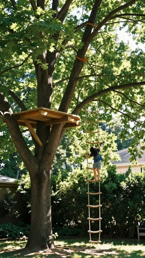 Natural Outdoor Playground Ideas for a Dreamy Eco-Friendly Backyard Space 2 A sunlit backyard with a sturdy tree, a simple wooden platform tucked among branches, and a rope ladder dangling down, children ready to climb, dappled light filtering through leaves.