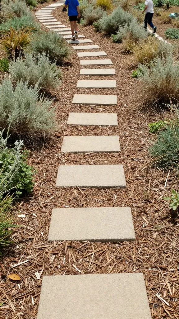 Natural Outdoor Playground Ideas for a Dreamy Eco-Friendly Backyard Space 3 A ground-level play path winding through soft mulch and flat stepping stones, bordered by low native plants, with kids walking a miniature hike—no structures above eye level.