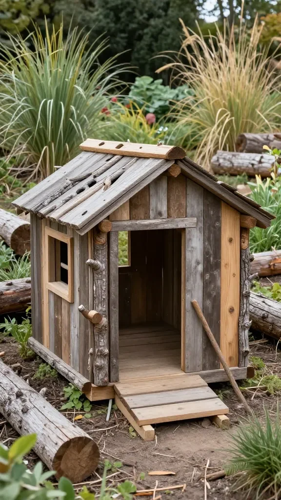 Natural Outdoor Playground Ideas for a Dreamy Eco-Friendly Backyard Space 4 A modular rustic playhouse crafted from weathered planks and fallen branches, connected by a short wooden tunnel, set in a natural, layered garden with logs and native grasses.