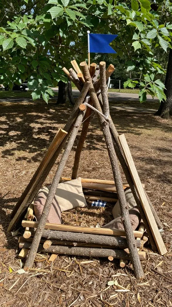 Natural Outdoor Playground Ideas for a Dreamy Eco-Friendly Backyard Space 5 An outdoor mini fort built from branches and reclaimed wood, cushions tucked inside, a small flag on top, and a surrounding area of leafy shade and earth-toned mulch.