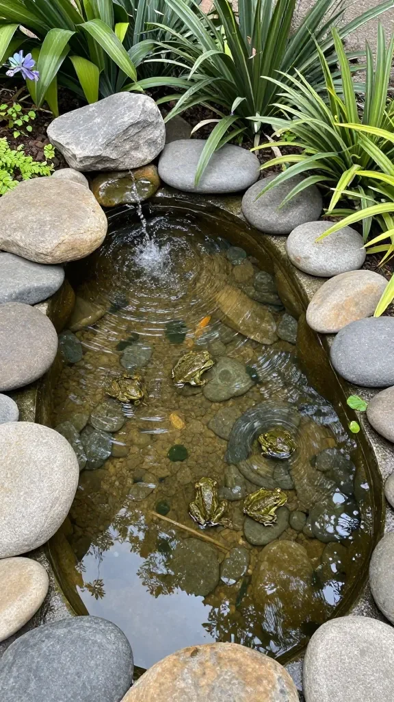 Natural Outdoor Playground Ideas for a Dreamy Eco-Friendly Backyard Space 6 A shallow, natural stone pond with a dry-bed planting design, smooth stones for seating, and a family of frogs or insects implied in the foliage, no water splash—calm scene.