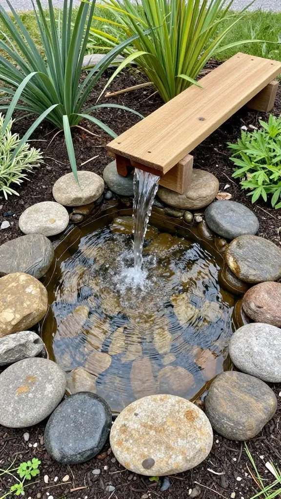 Natural Outdoor Playground Ideas for a Dreamy Eco-Friendly Backyard Space 7 A playful water feature: a shallow basin integrated into the ground with a gentle water trickle over river rocks, bordered by native plants and a wood ramp for kids to pour water carefully.