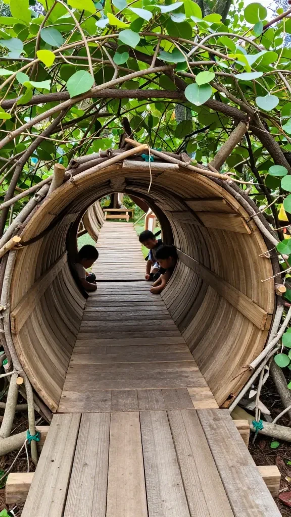 Natural Outdoor Playground Ideas for a Dreamy Eco-Friendly Backyard Space 8 An eco-friendly tunnel play structure made from weathered planks and branches, partially enclosed with a leaf canopy, kids peeking through openings with a sense of adventure.