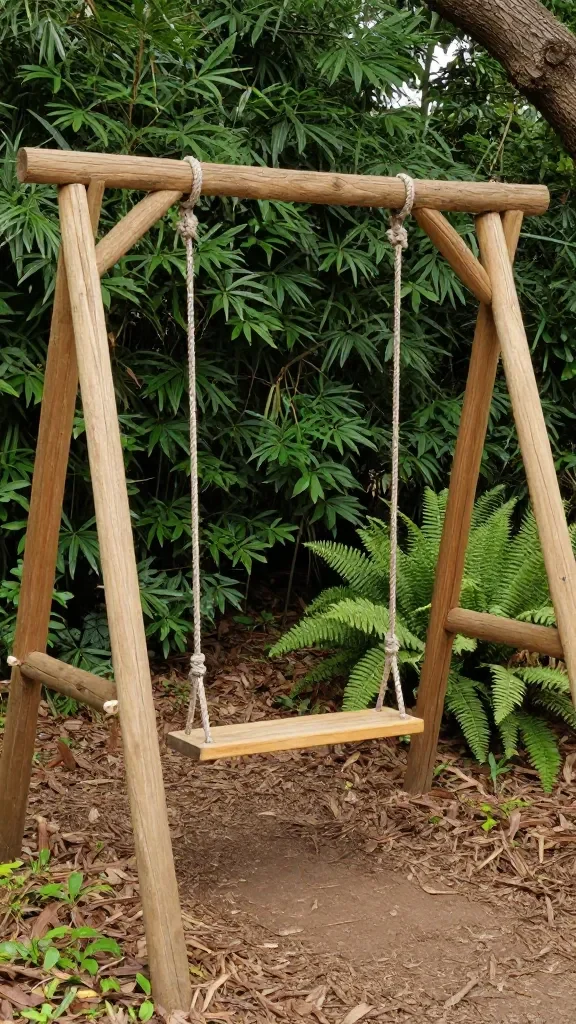 Natural Outdoor Playground Ideas for a Dreamy Eco-Friendly Backyard Space 9 A tree-perched swing set made from natural wood, rope swing seats, and a leafy backdrop, with soft ground cover of mulch and ferns surrounding the area.