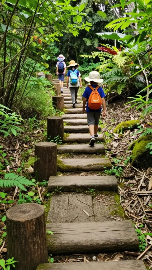 Natural Outdoor Playground Ideas for a Dreamy Eco-Friendly Backyard Space 10 A low-profile nature trail through a backyard, featuring log step stumps, mossy patches, and shaded corners, children following the path with small backpacks and sun hats.
