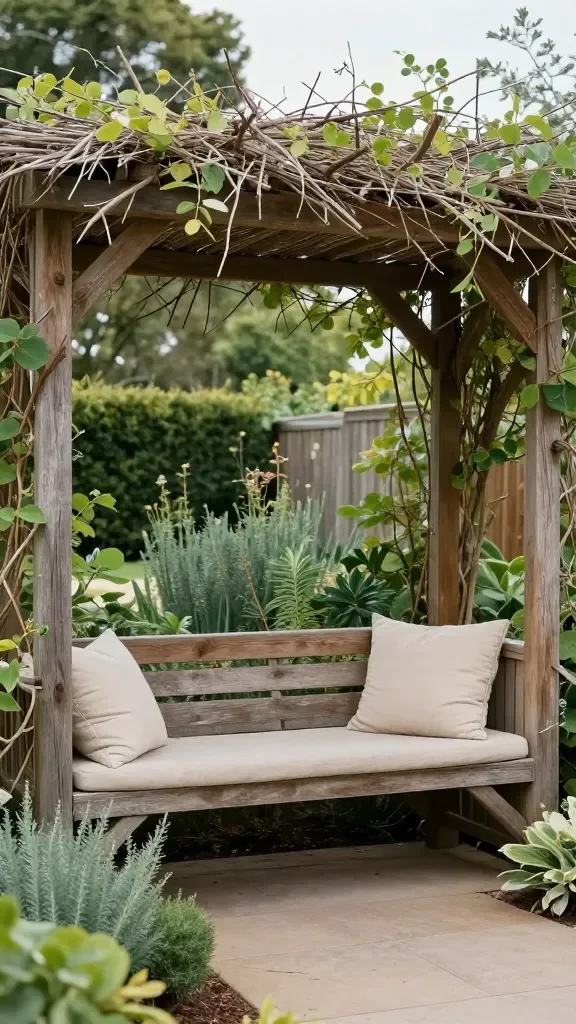 Natural Outdoor Playground Ideas for a Dreamy Eco-Friendly Backyard Space 11 A cozy outdoor reading nook integrated into the garden, using a willow-branch canopy, a weathered wooden bench, soft cushions, and surrounding low-height native plantings for a serene, eco-friendly vibe.