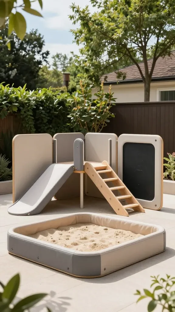 A modern modular backyard play zone featuring movable panels, a small sandbox, a low climbing structure, and a portable chalkboard, with rounded-edge safety features and soft ground cover, under a sunny, leafy backyard setting.