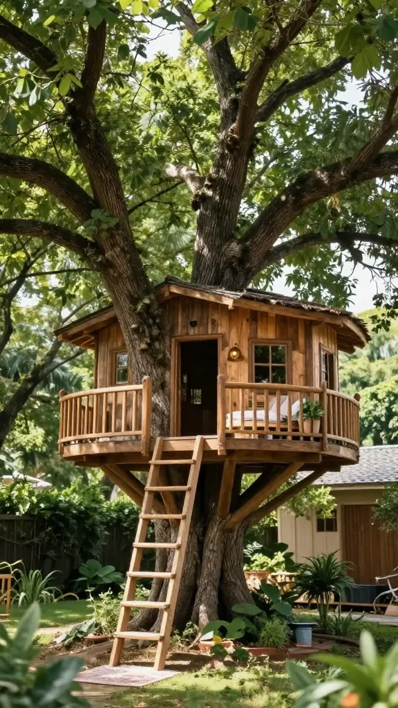 A whimsical treehouse integrated into a sturdy mature tree, connected by a short wooden ladder, with a cozy balcony, outdoor rug, and lots of natural daylight filtering through leaves, set in a lush backyard.