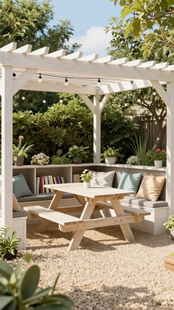 A compact outdoor reading nook under a pergola, with lightweight picnic tables that double as shade, built-in storage for books, cushions, string lights, and a soft ground cover, in a sunny garden.