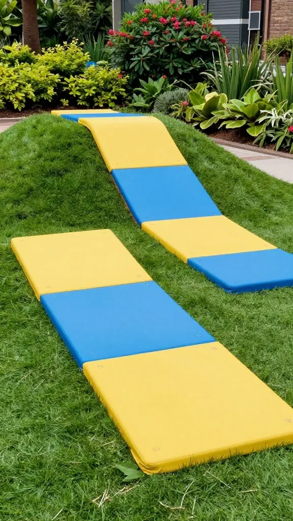 A child-friendly ground-level obstacle course using soft, grassy terrain, modular panels, gentle slope sections, and bright, durable play mats, surrounded by a mix of shrubs and flowering plants.