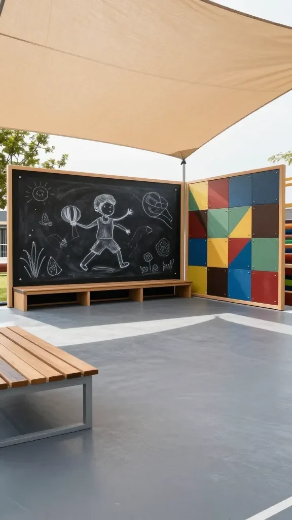A creative chalk-art courtyard with a portable chalkboard wall, a low bench for spectators, a shade-sailing canopy, and a modular play panel system, on a smooth, safe surface.