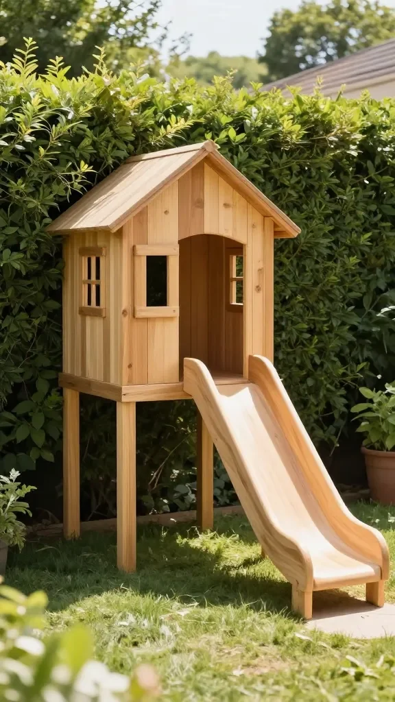 A hideaway playhouse integrated into a garden hedge, featuring a small window, a curved slide, hidden storage, and natural wood tones paired with soft greenery in a sunlit backyard.