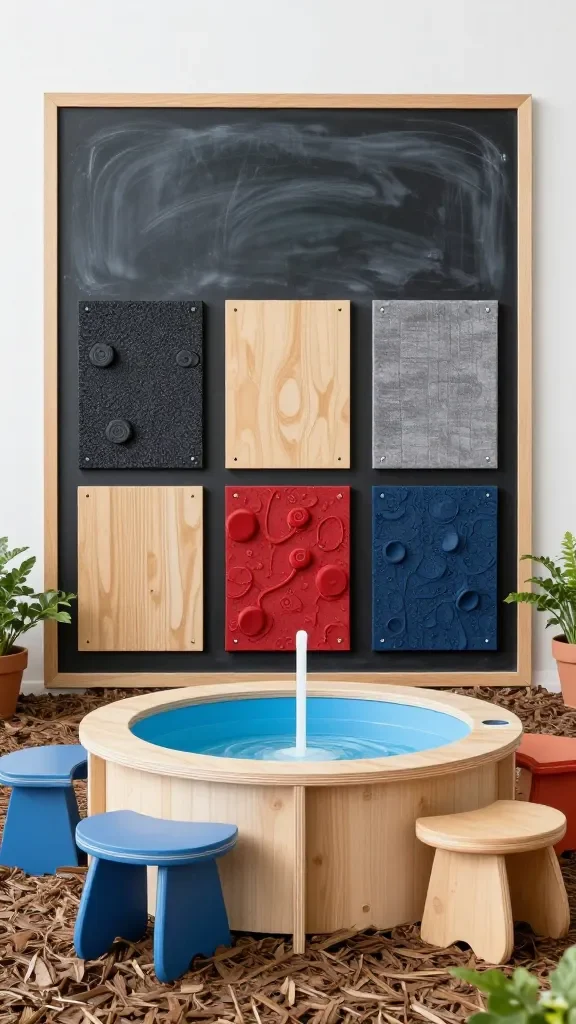A sensory play area with a chalkboard panel, texture panels (rubberized, wood, and fabric), a small water play station, and rounded-edged play furniture, surrounded by mulch and plants.